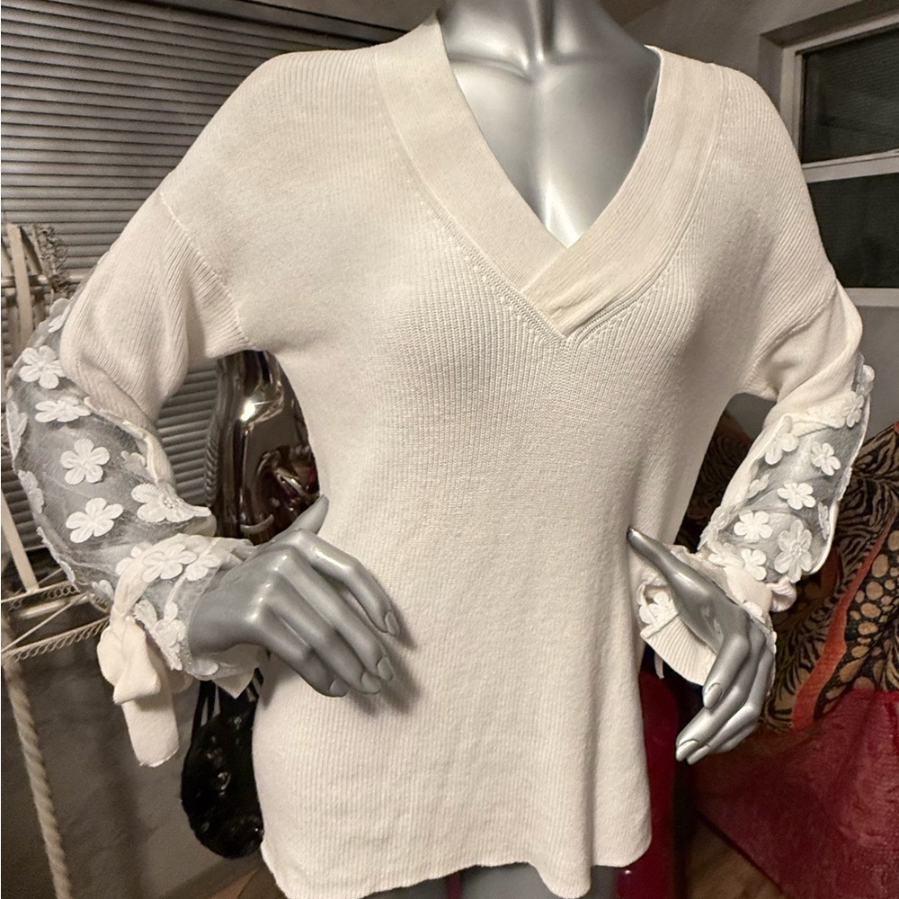French Connection Caballo Floral Lace Sweater with tie wrists